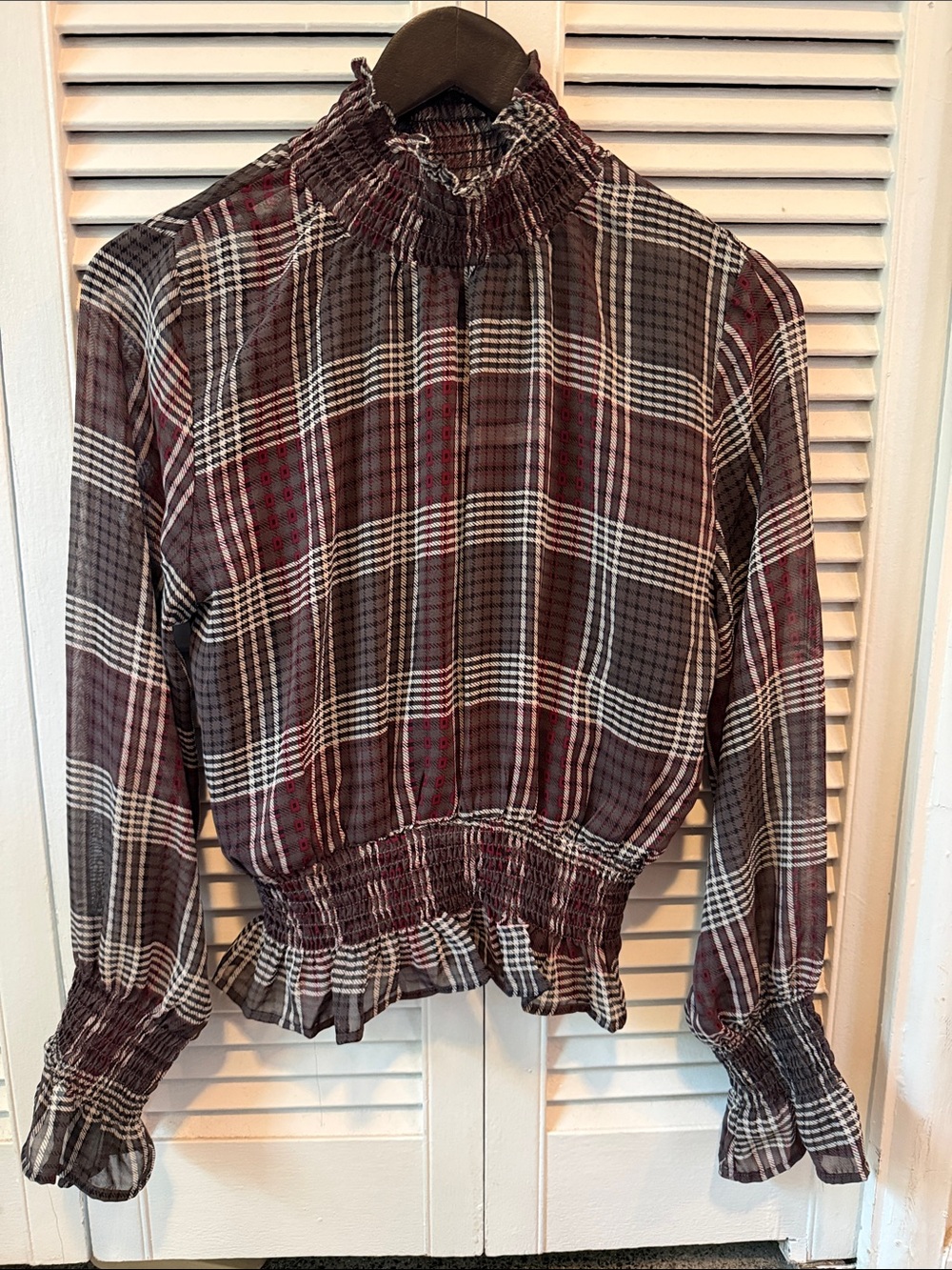 Plaid Smocked Waist Long-Sleeve Top - Burgundy